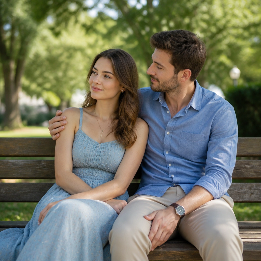 A couple sitting on a wooden park bench in bright daylight. She leans slightly toward him, and he gently places his hand on her shoulder. Their outfits are coordinated in complementary colors, and trees create a soft bokeh background.