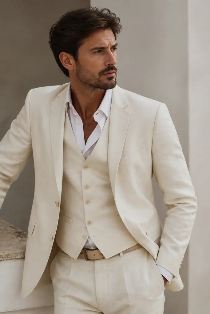 A cream ivory linen suit set with a slightly textured weave, tailored jacket and matching trousers, plus a waistcoat in the same fabric; the model wears a light shirt and a pale tan belt.