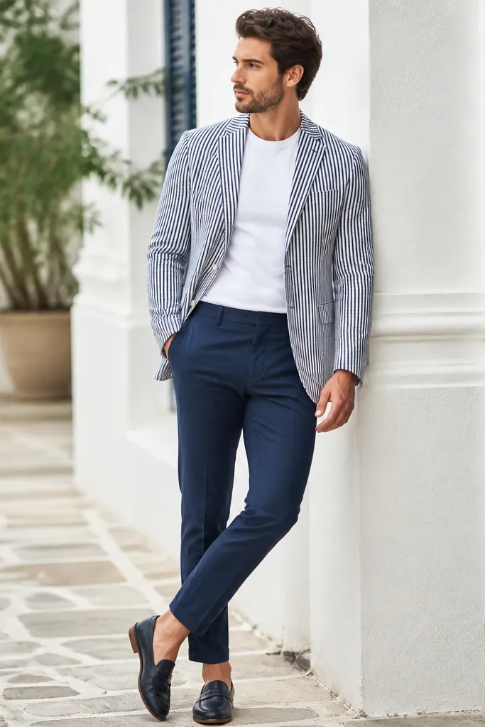 A navy-and-white striped seersucker blazer worn open over a plain white crew-neck tee; slim trousers and loafers complete the outfit in a bright outdoor setting.