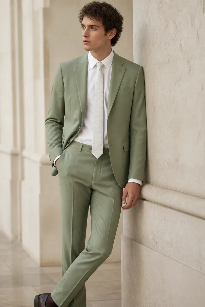 A sage green two-piece suit with a jacket that looks smooth and airy; the trousers are tapered and the model wears a white shirt underneath with a subtle tie.
