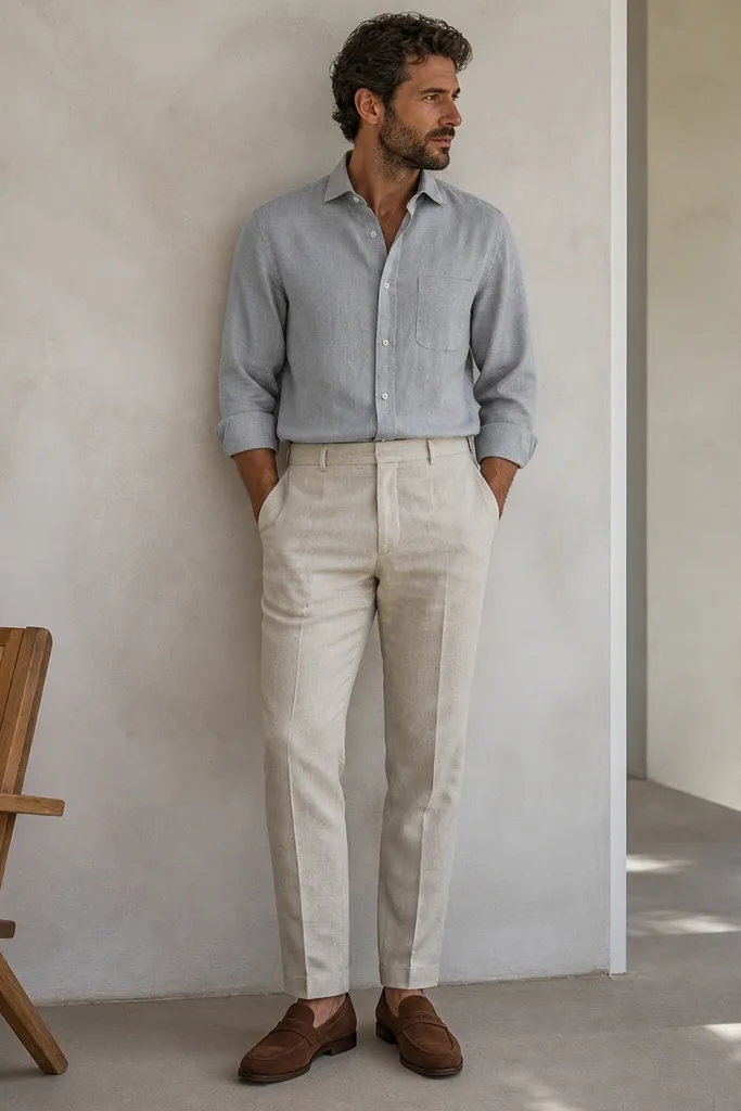A light grey chambray button-up with visible diagonal weave texture tucked into breathable linen-look trousers; the outfit is styled with brown suede loafers.