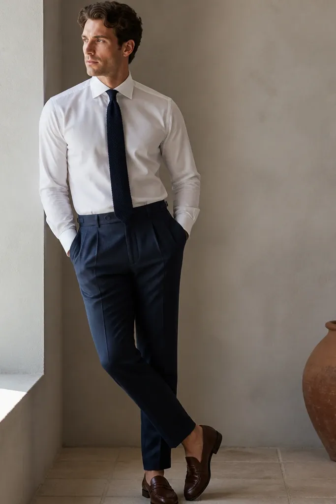 Navy linen trousers with a crisp white dress shirt and a navy knit tie; the model has a relaxed stance and brown leather loafers.