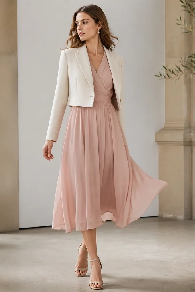 A blush chiffon midi dress with soft movement, styled under a cropped light blazer; the model wears delicate earrings and strappy nude heels.