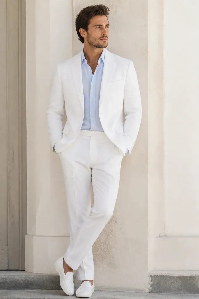 A bright white cotton suit with a clean, minimal design: simple notch lapels, smooth jacket front, and trousers; the model wears a light blue shirt and white sneakers or loafers.