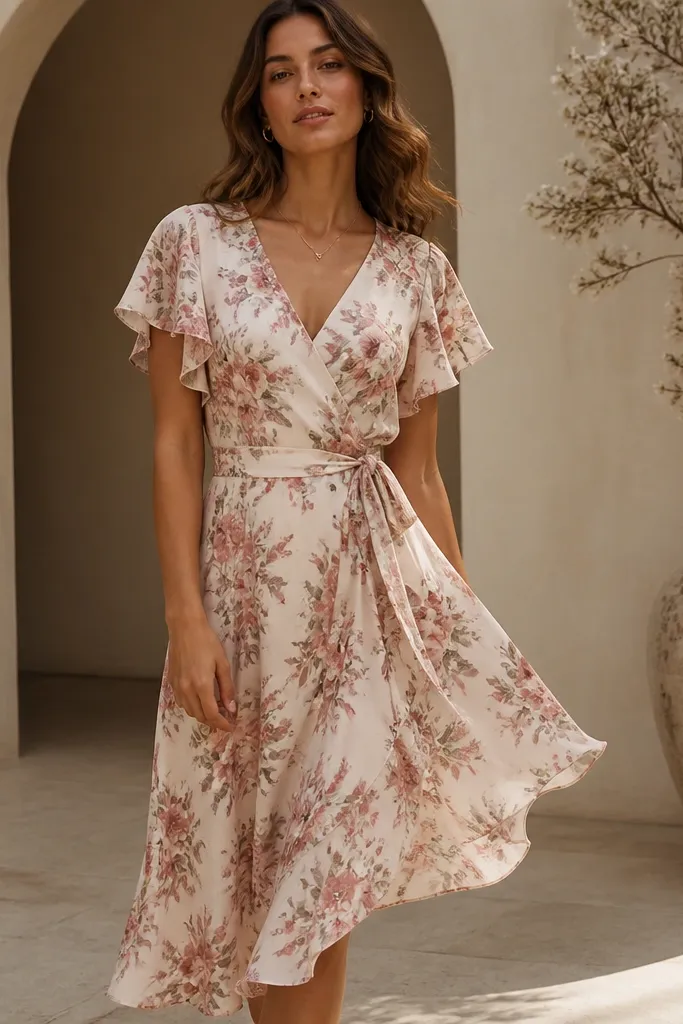A wrap-style dress with a soft floral print, a V-neck, and a tie waist; the fabric looks fluid and lightweight, with flutter sleeves and a midi hem.