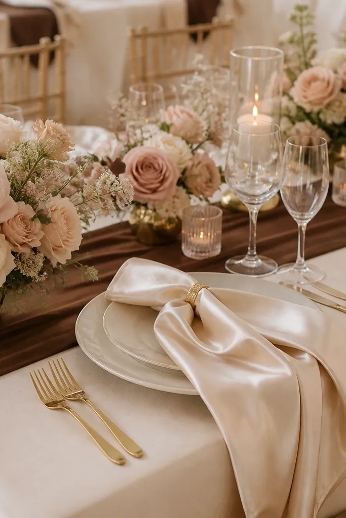 A styled wedding table with champagne satin napkins, blush rose centerpieces, espresso-brown table runners, and gold flatware on a warm ivory tablecloth.