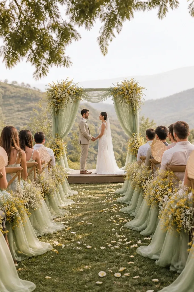 An outdoor wedding aisle with sage-green chiffon fabric, small butter-yellow wildflower bouquets, and guests holding natural linen fans.