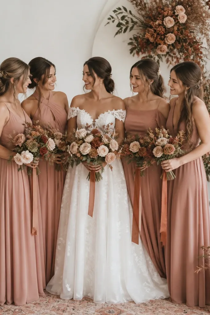 A bride and bridesmaids styled in dusty rose gowns with terracotta accents, paired with antique brass candles and terracotta-toned ceramic vases.