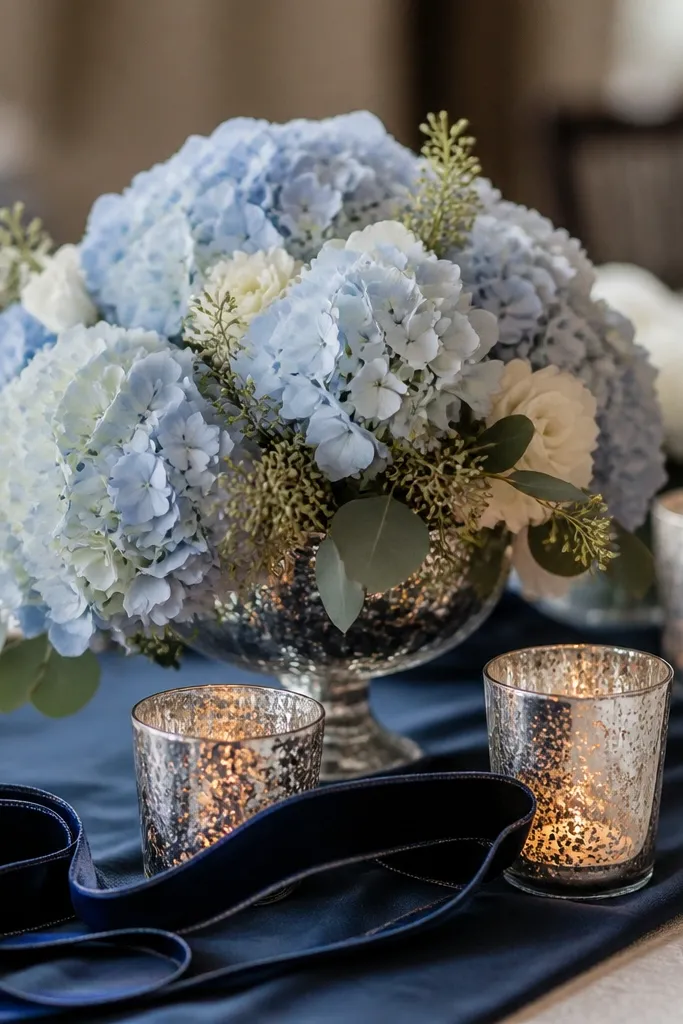 A reception centerpiece with deep navy velvet ribbon, powder-blue hydrangea-like blooms, and silver mercury-glass votive candles on a dark table runner.