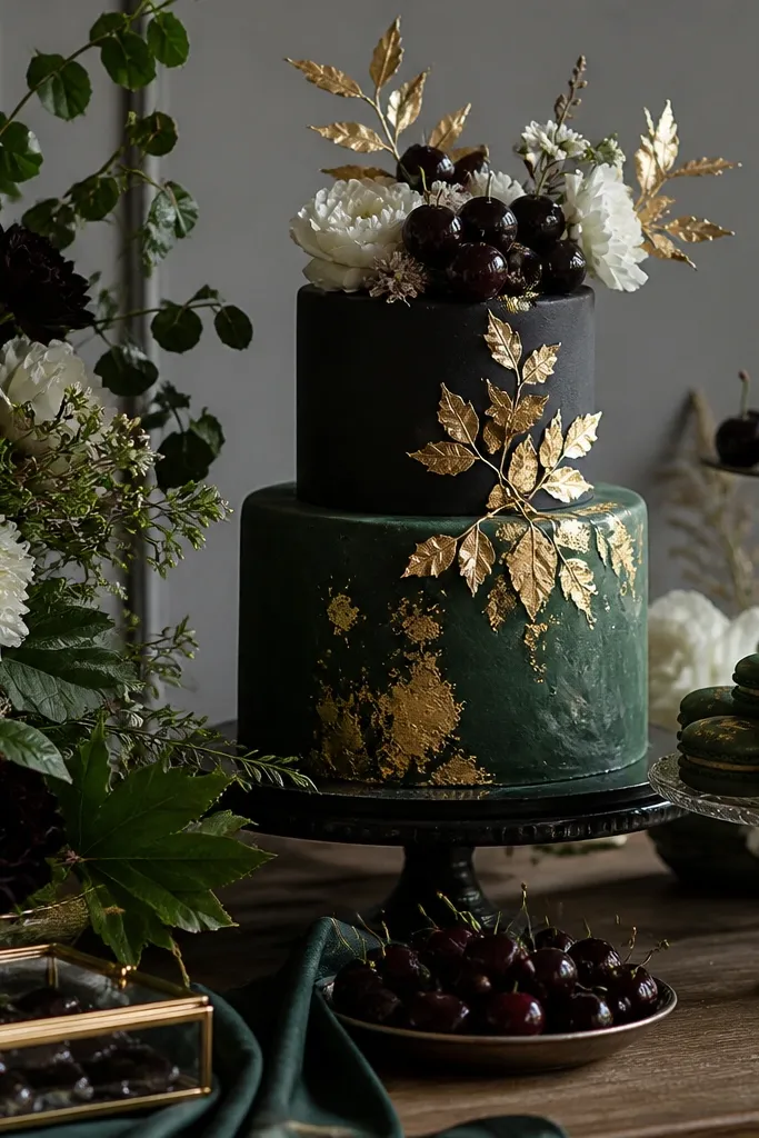 A moody wedding dessert table with emerald macarons, black cherry fruit accents, and gold-leaf cake topper details.