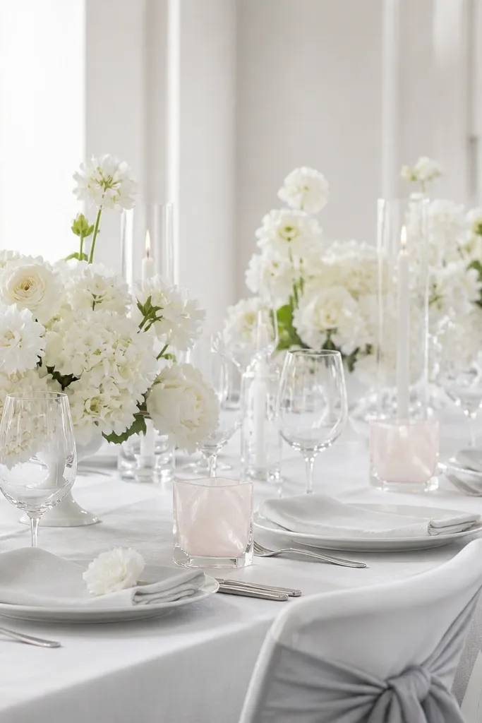 A minimalist wedding setting with white florals, soft gray ribbon on chairs, and blush-pink pearlescent acrylic place card holders.