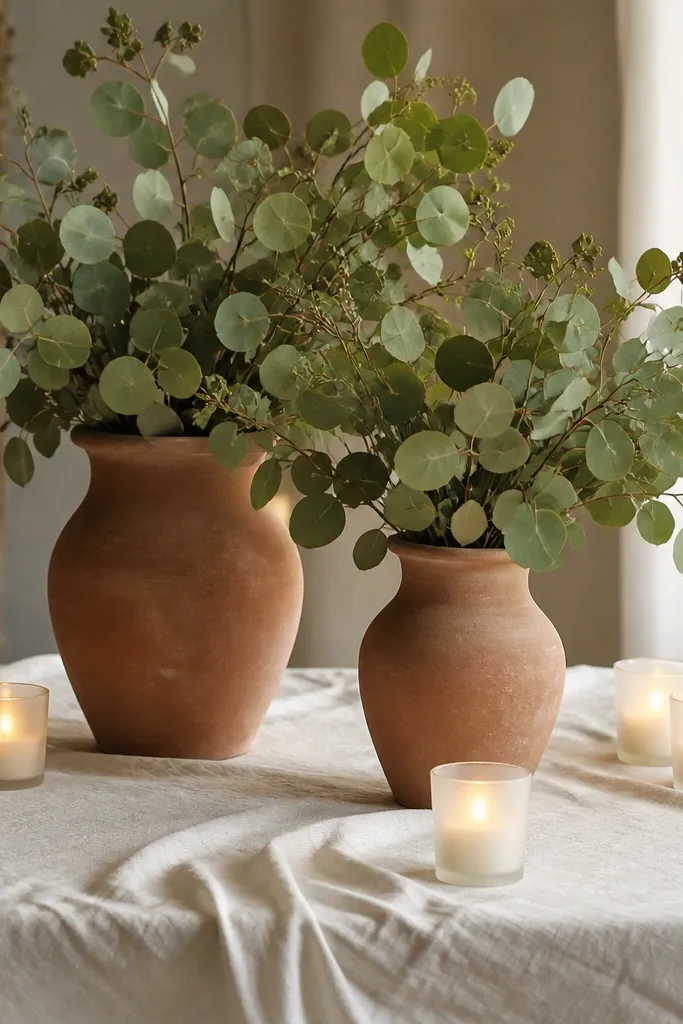 Ceramic terracotta vases with sage-green eucalyptus, antique white tablecloth, and small cream-colored votive candles.