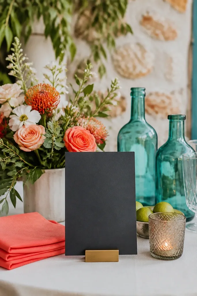A vibrant cocktail table with coral napkins, teal glass bottles, and matte charcoal signage with white lettering.