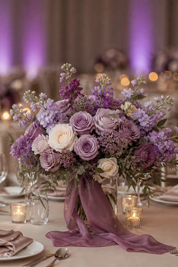 Lavender-toned wedding bouquets with smoky mauve ribbons, champagne-colored table linens, and soft purple uplighting in the background.