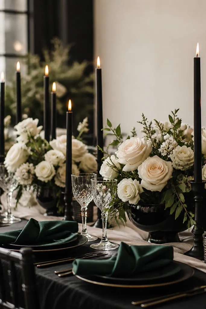 A modern black-and-ivory wedding tablescape with ivory roses, black taper candles, and emerald-green napkins folded with crisp edges.