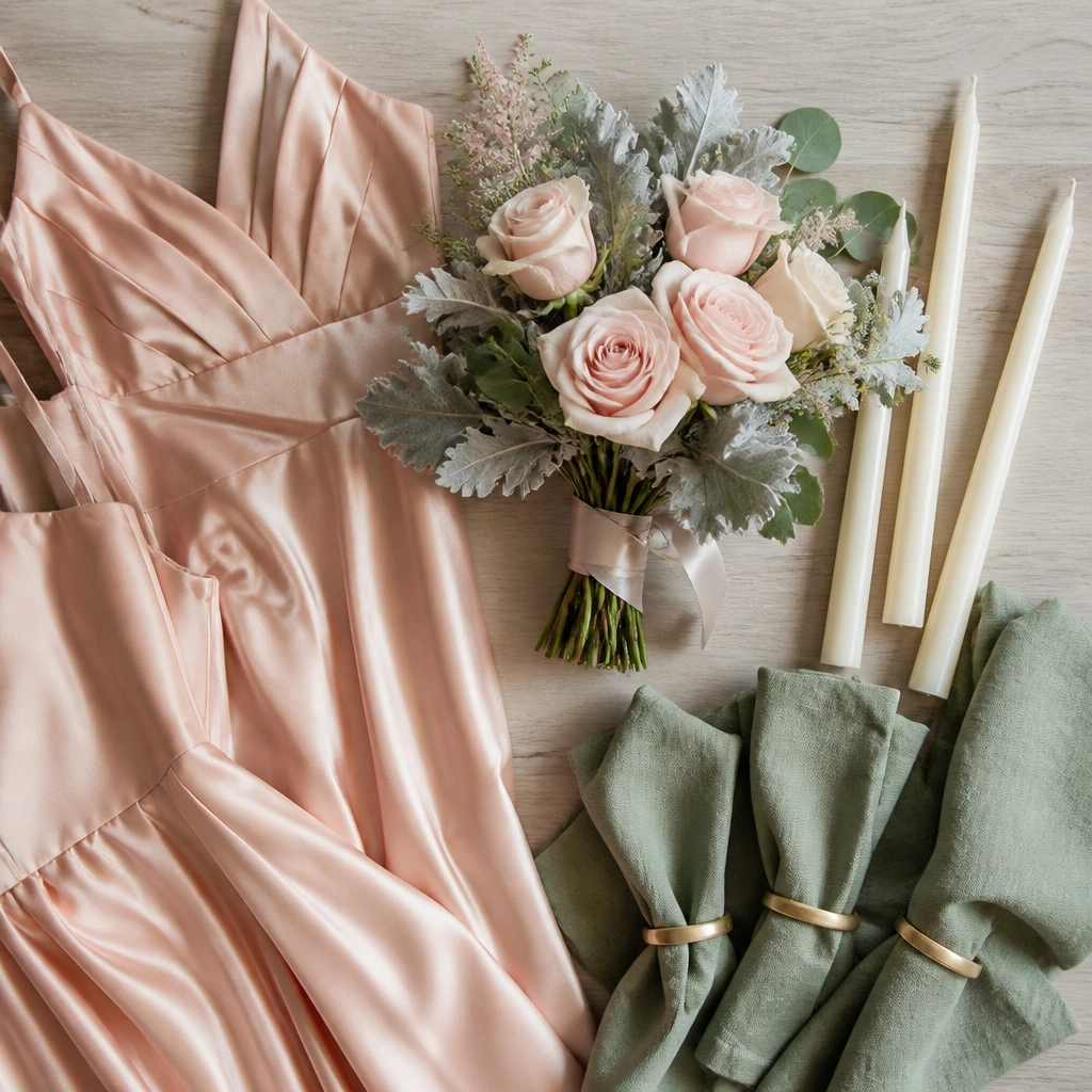 A spring wedding flat lay with blush-pink satin bridesmaid dresses, sage green linen napkins, a small bouquet of blush roses and dusty miller, and cream taper candles on a light wood table.