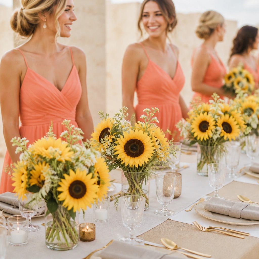 A bright summer ceremony scene: coral chiffon bridesmaid dresses, yellow sunflower centerpieces in clear glass vases, white table runners, and gold flatware over a sandy-toned backdrop.