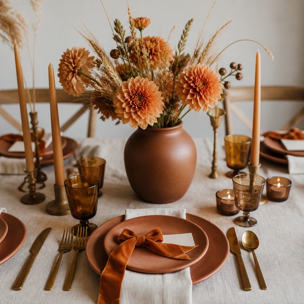 An autumn table setting with terracotta ceramic plates, burnt orange velvet ribbon on place cards, cream linen napkins, and a centerpiece of orange dahlias and dried wheat in a matte brown vase.