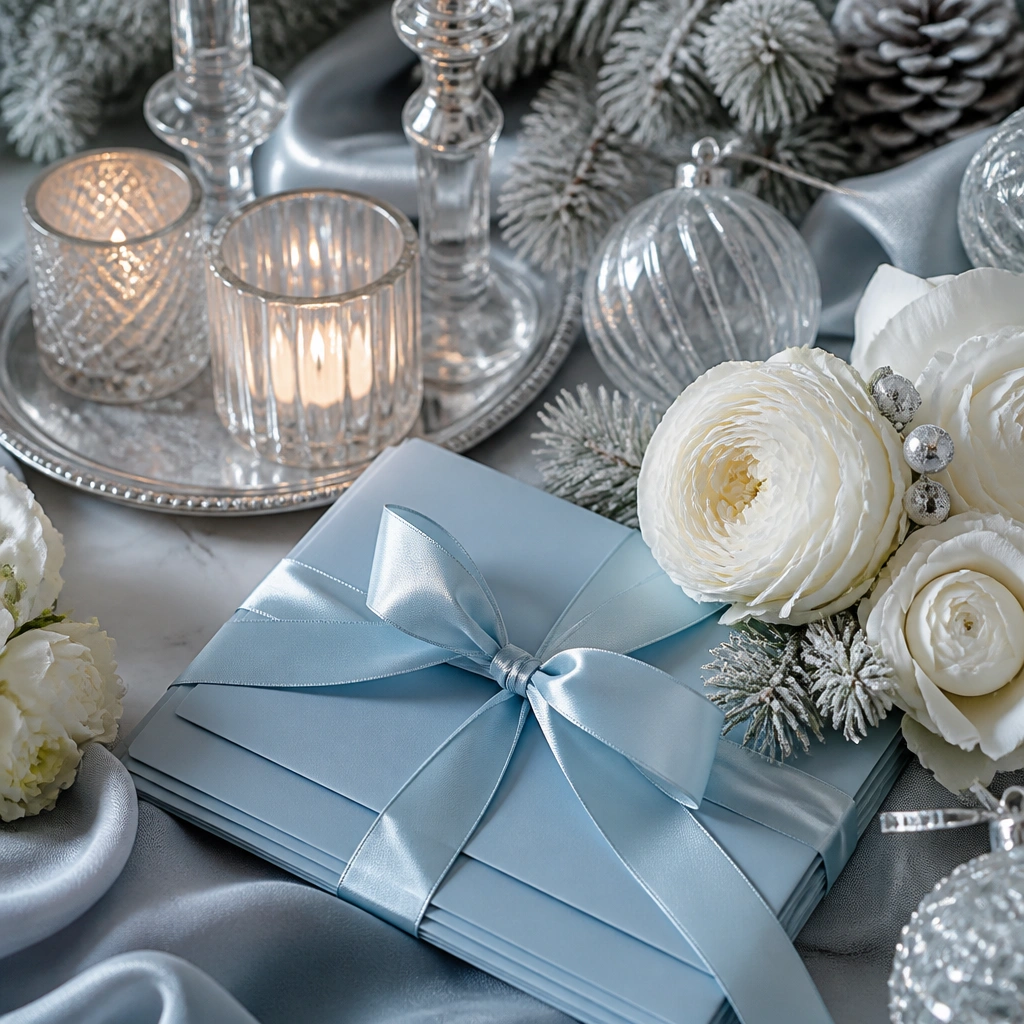 A winter styled shoot with icy blue satin invitations, white florals (garden roses), silver candle trays, and a backdrop of frosted pine and glass ornaments.