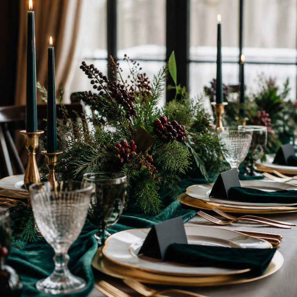 A formal winter banquet table with emerald green velvet runners, black place cards, gold rimmed plates, and a centerpiece of deep green foliage with jewel-toned berries.
