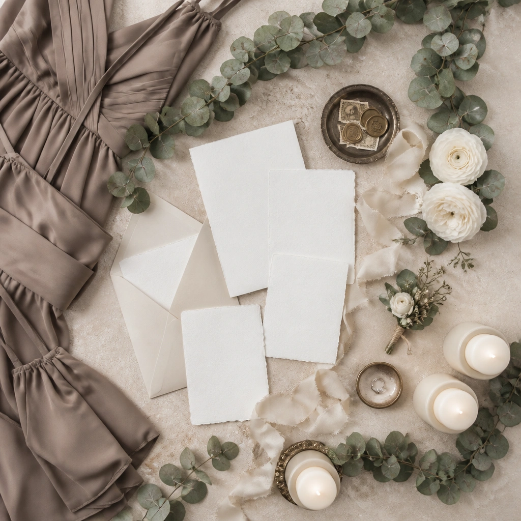A neutral-toned wedding flat lay with ivory invitations, taupe bridesmaid dresses, soft green eucalyptus garlands, and cream candles on a stone surface.