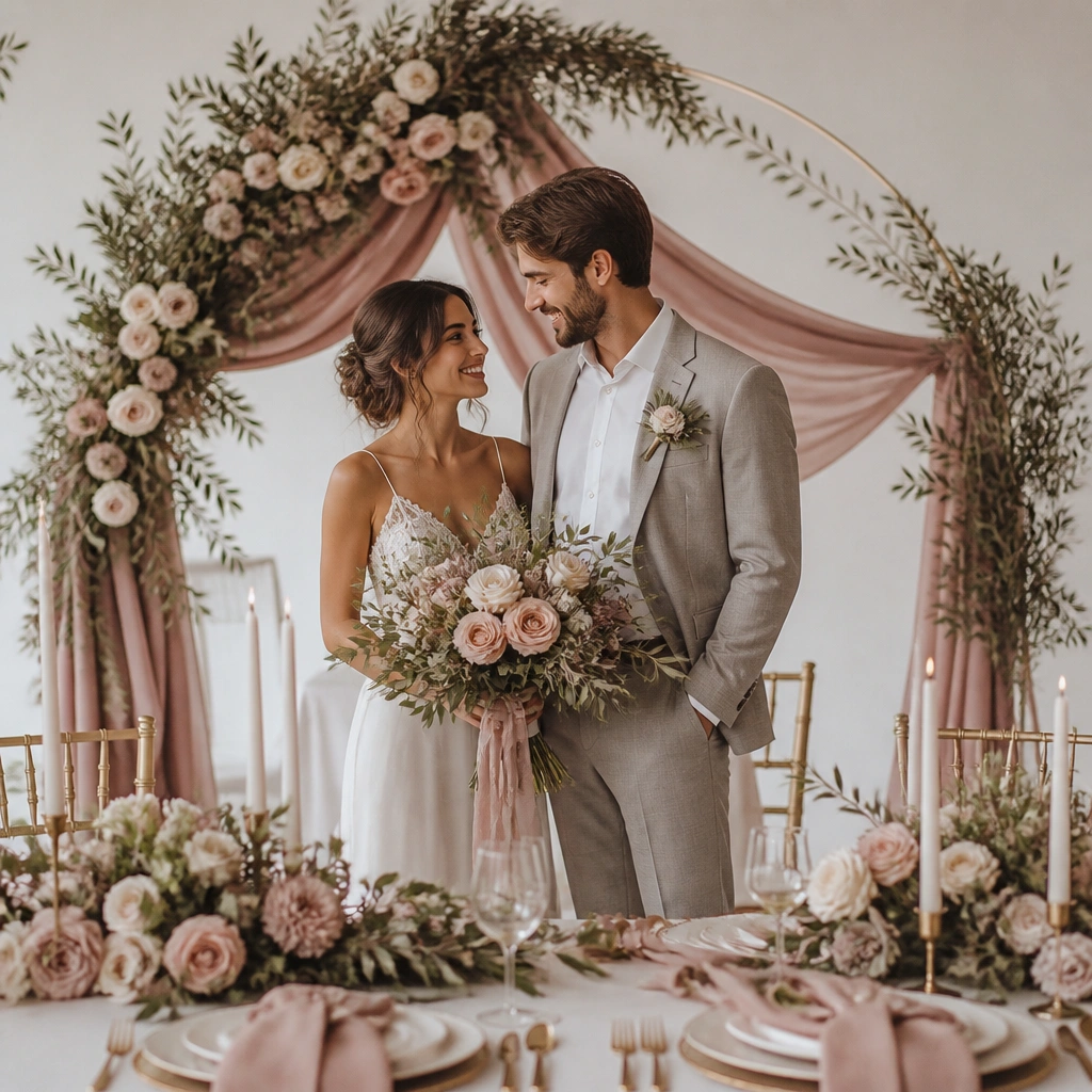 A transitional wedding scene with dusty rose chiffon wraps, olive greenery arches, warm gold cutlery, and a mixed bouquet of blush blooms with olive leaves.