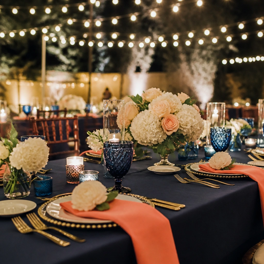 A nighttime reception table with navy tablecloths, coral napkins, white floral arrangements, and navy-blue glassware with warm string lights in the background.
