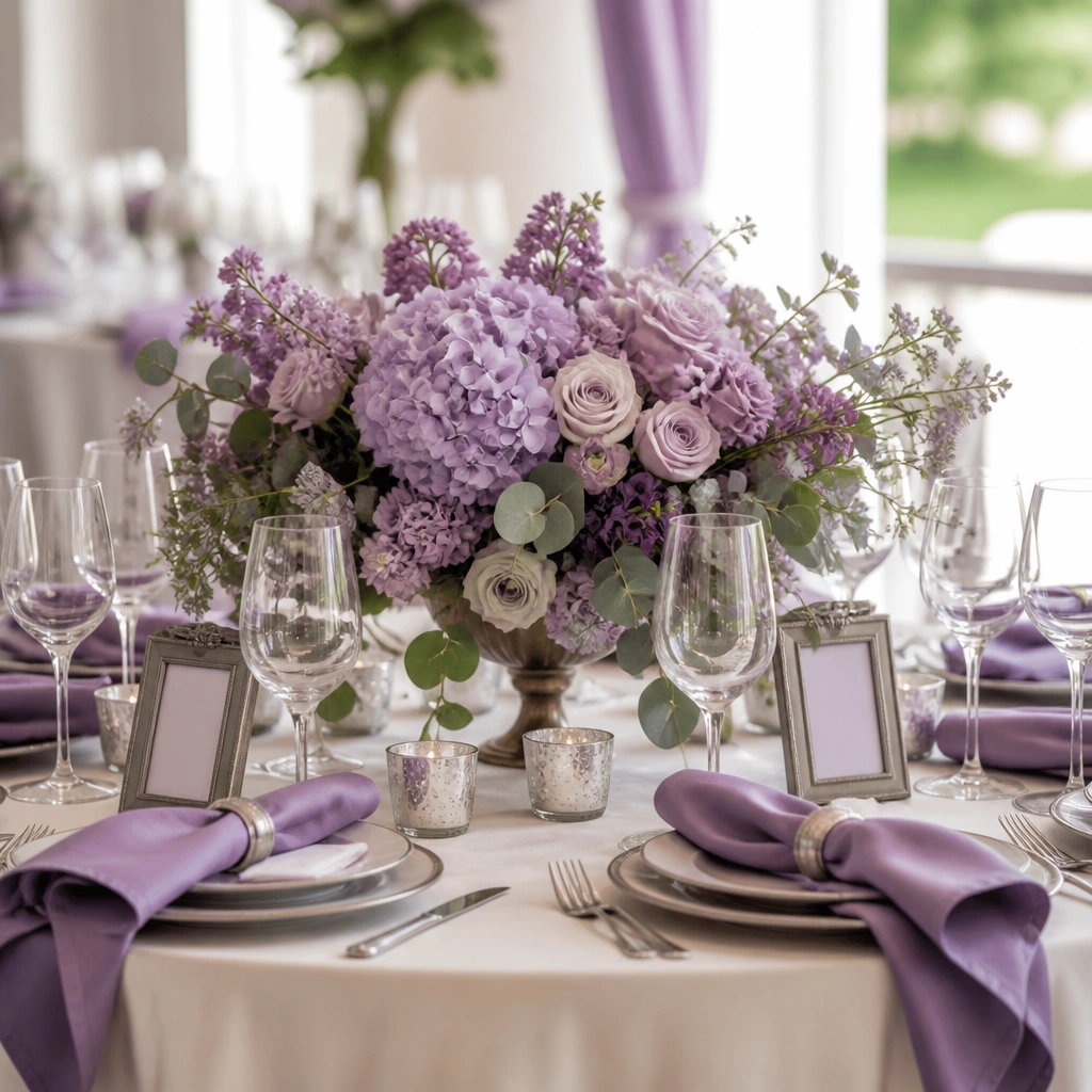 A lavender-themed wedding table with lavender silk napkins, butter-cream table linens, soft pewter frames, and a centerpiece of lilac-toned flowers with pale greenery.