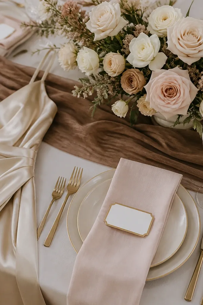 A wedding flat-lay showing a champagne satin bridesmaid dress, pale blush napkins, a cocoa-toned runner on a table, gold-rimmed place cards, and small cream-and-blush roses arranged in a low centerpiece.
