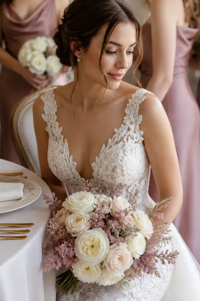 A styled wedding scene with an ivory lace bridal gown, dusty rose bridesmaid satin dresses in the background, antique gold cutlery, and a bouquet of ivory garden roses with rose-pink filler flowers.