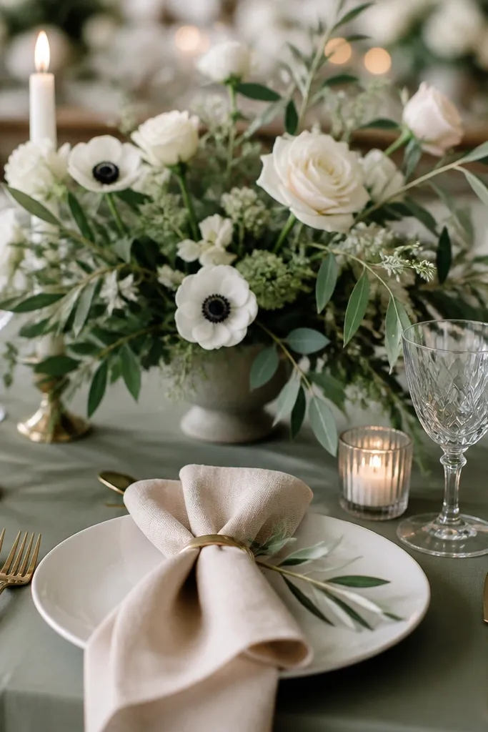 A wedding table setting featuring sage green matte tablecloth, ecru linen napkins, warm white candles, and a bouquet of sage foliage with white anemones and soft cream roses.