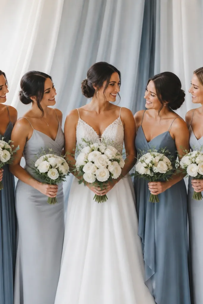 A photo with bridesmaids wearing steel-blue chiffon and pearl-grey crepe, a white bridal bouquet, and a backdrop of light draping that includes subtle blue-gray gradients.