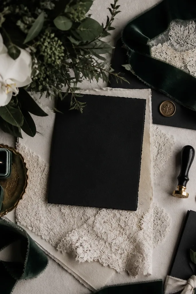 A moody wedding flat-lay with emerald velvet ribbon, ivory lace details, black tea-colored stationery, and a bouquet of deep green foliage with ivory orchids.