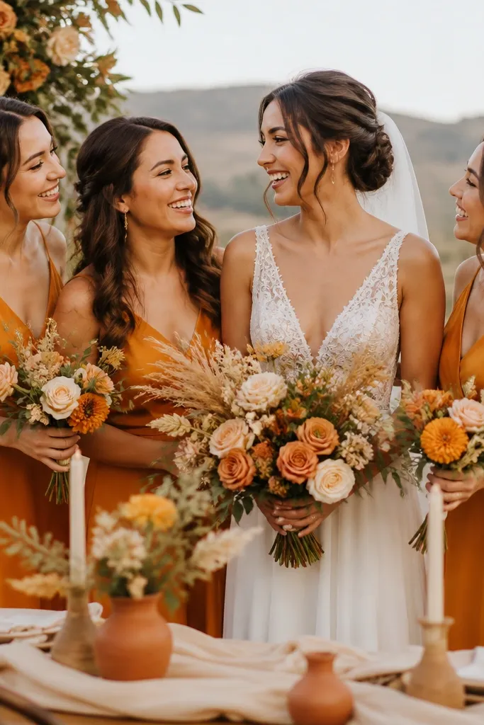 A bright outdoor wedding look showing marigold bridesmaid dresses, cream table runners, terracotta vases, and a bouquet with yellow-orange blooms and dried wheat accents.