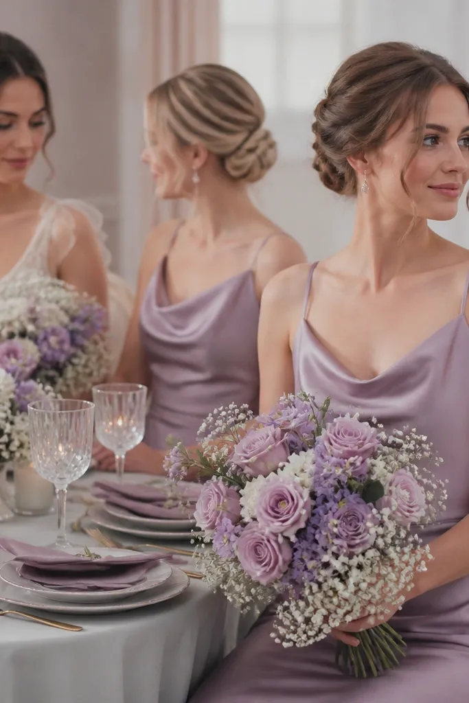 A pastel wedding vignette with blush-lilac satin bridesmaid dresses, soft grey table linens, porcelain-white candles, and a bouquet of lilac-toned blooms mixed with white baby’s breath.
