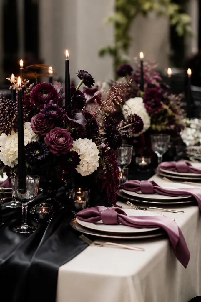 A black-and-ivory wedding table with black satin runners, ivory plates, dusty plum napkins, and a dark plum-toned floral arrangement with white accents.