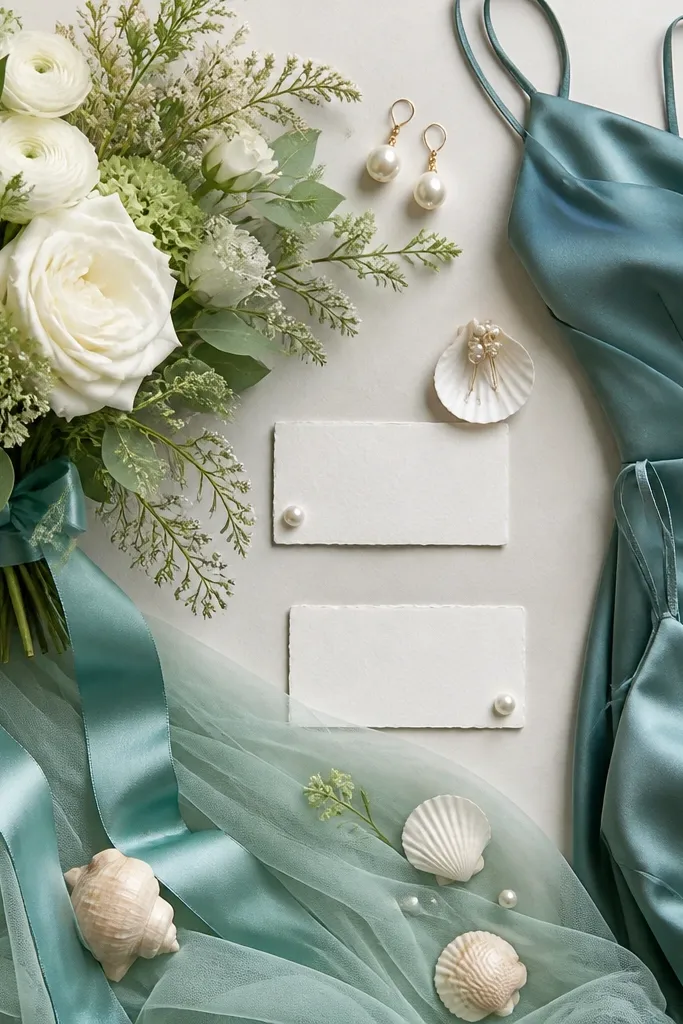 A coastal-inspired wedding flat-lay with teal satin bridesmaid dresses, seafoam tulle, pearl-white place cards, and a bouquet of white and pale green flowers with teal ribbon accents.