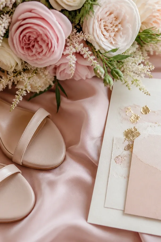 A close-up of rose quartz-colored silk fabric, blush nude wedding shoes, gold-leaf cream stationery, and a bouquet with pale pink roses and creamy filler flowers.
