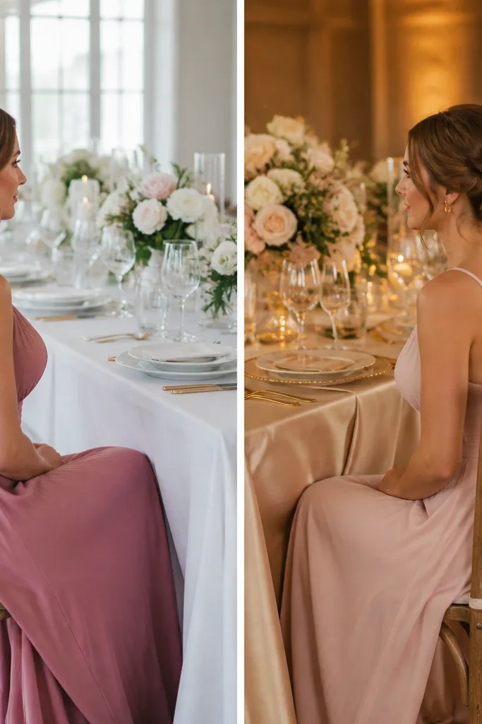 Split photo: left shows a dusty-rose bridesmaid dress next to cool white table linens; right shows the same scene with champagne satin accents and blush dresses under warm lighting.