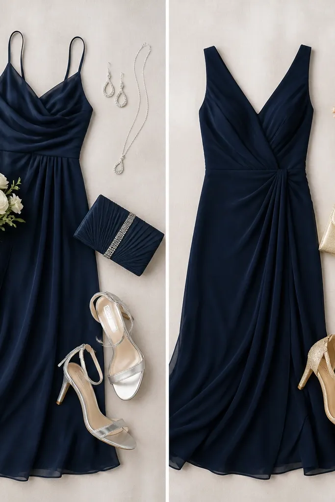 Two outfit boards: left has navy bridesmaid dresses with silver accessories; right has navy dresses with gold hair pins, gold-rimmed shoes, and a gold clutch.