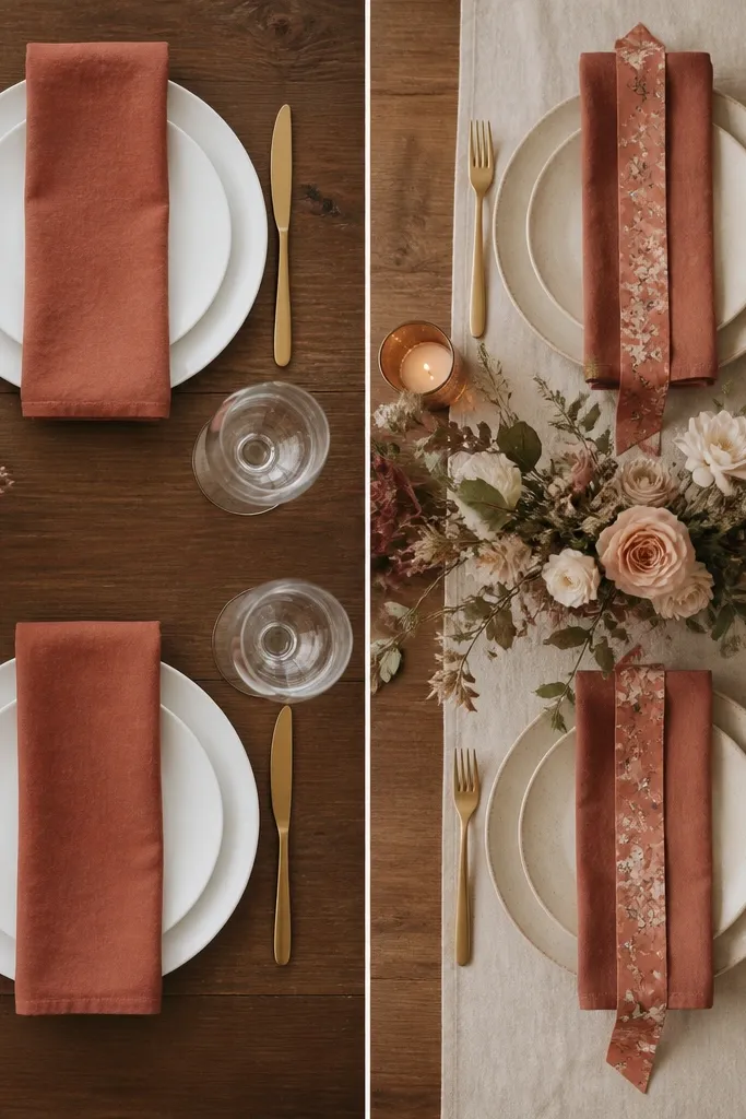 Before/after wedding flat-lay: left shows terracotta napkins with bright white plates; right shows terracotta with cream table runners and a muted terracotta floral ribbon.