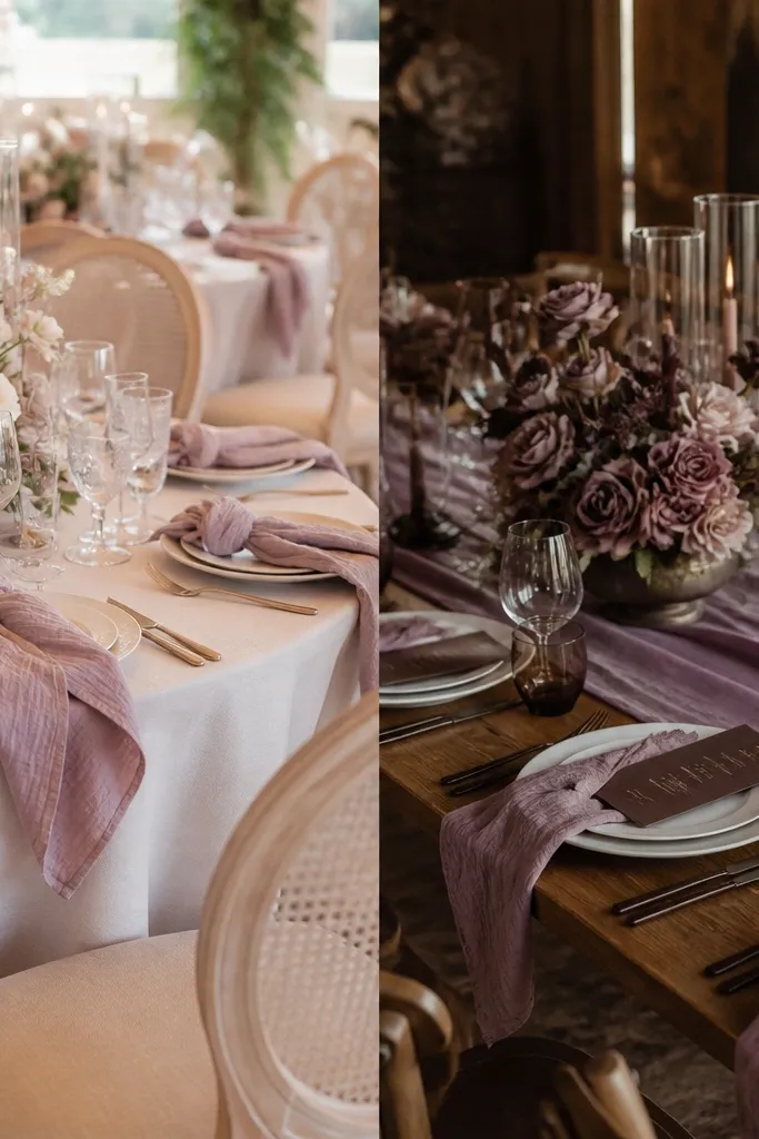Two reception styling photos: left has mauve napkins with beige chairs; right shows mauve napkins paired with cocoa-brown menus and darker wood-toned décor.