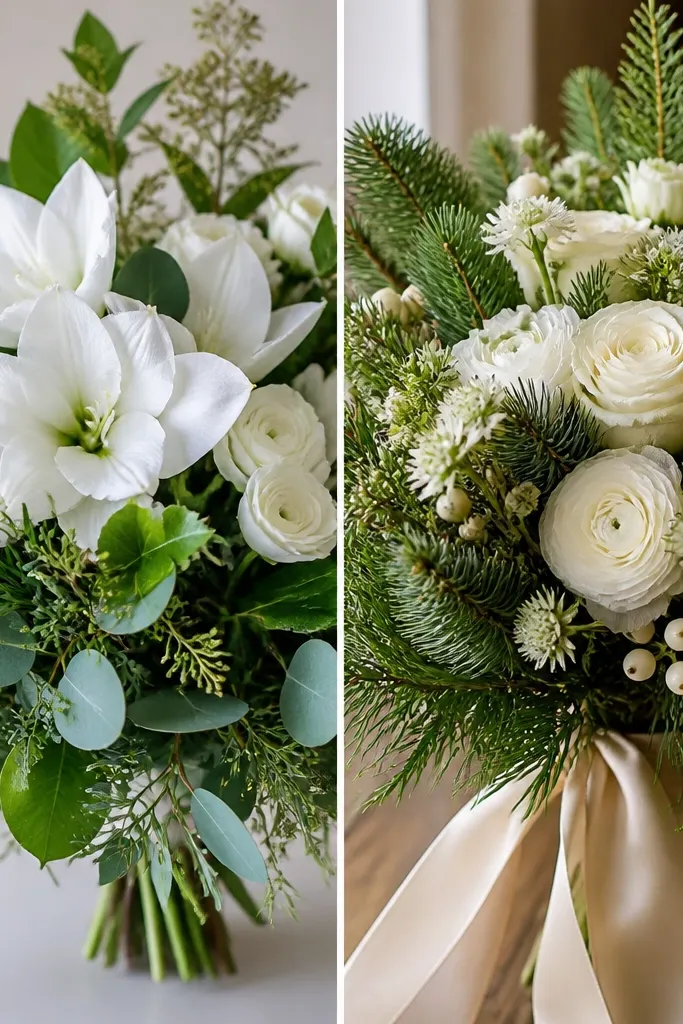 Before/after bouquet close-ups: left shows mixed greens with stark white petals; right shows evergreen foliage with ivory blossoms and coordinated ribbon.