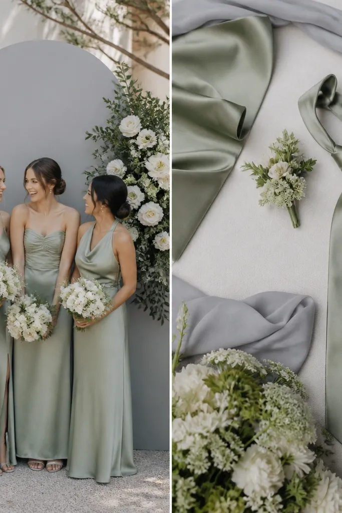 Two bridal party styling images: left has sage dresses with cool gray signage; right shows sage dresses with soft gray fabrics and a matching sage satin tie detail.