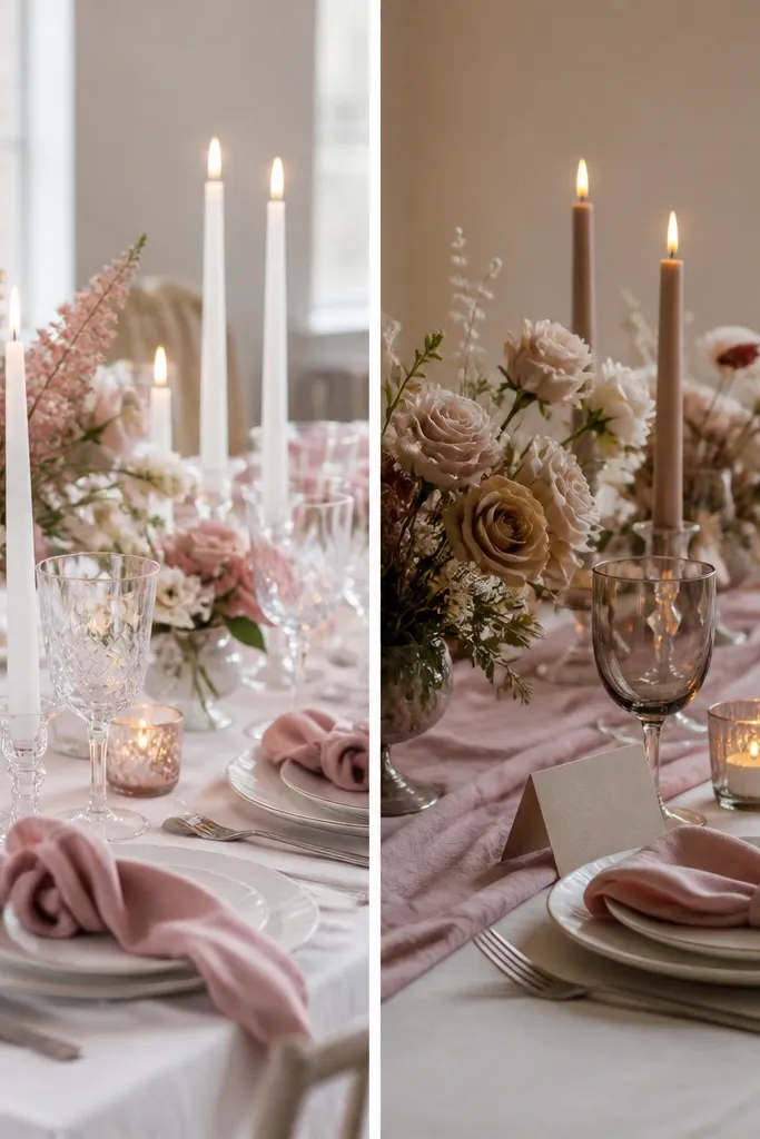Two table setup photos: left shows rose-pink napkins with bright white candles; right shows rose pink with warm taupe place cards and taupe candles.