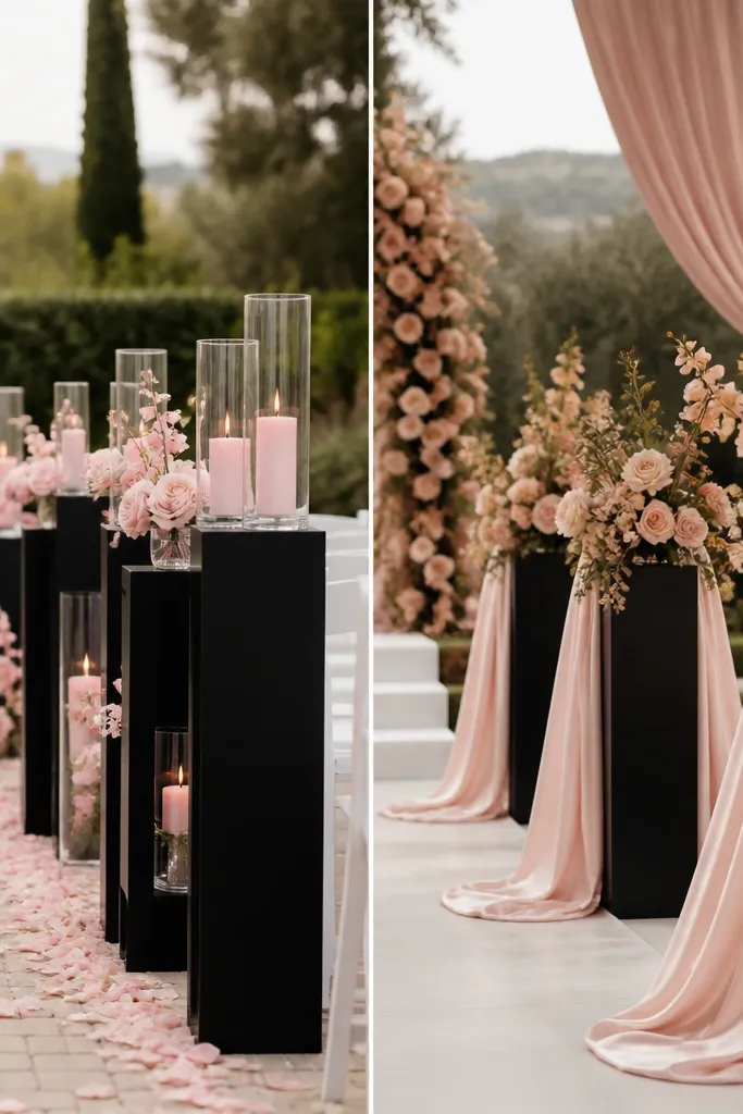 Split image of ceremony aisle décor: left has black signage with pale pink accents; right has black signage with blush satin drapes and warm blush florals.