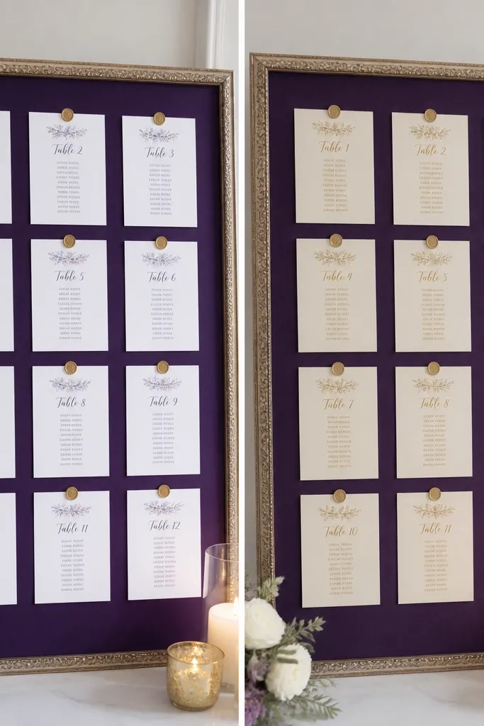 Before/after seating chart: left shows royal purple with bright white paper; right shows royal purple with cream cardstock and a gold-ink calligraphy style.