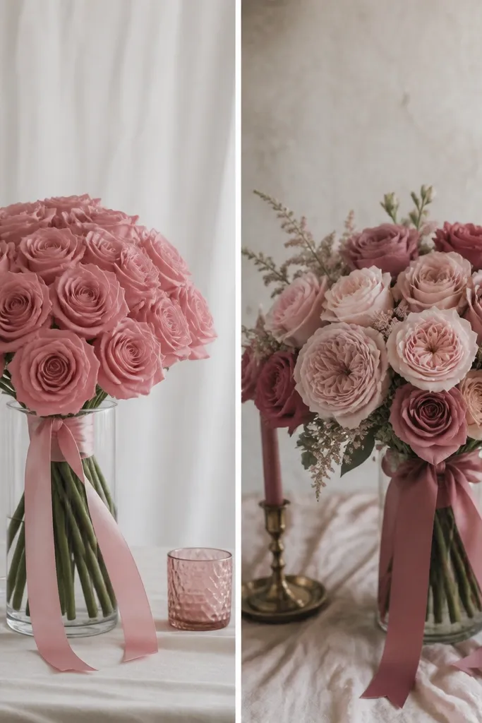 Before/after bouquet and styling: left shows flat rose colors across everything; right shows layered rose textures with different fabric finishes and a darker rose ribbon.