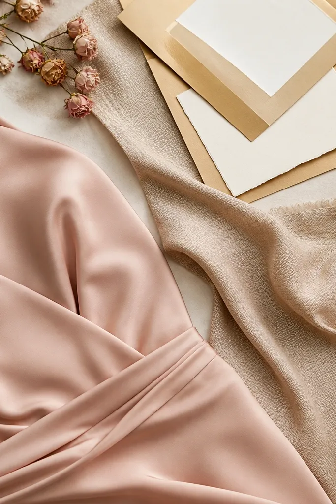 A flat-lay of a blush satin bridesmaid dress swatch beside a warm champagne linen table runner, with small dried-rose sprigs and a gold invitation suite in the background.