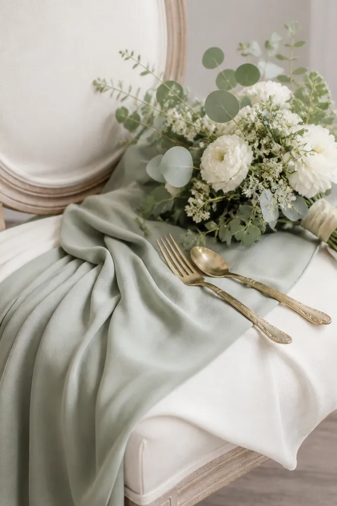 A styled chair with sage chiffon fabric draped over ivory crepe, plus antique gold cutlery and a small bouquet of pale eucalyptus and white blooms.